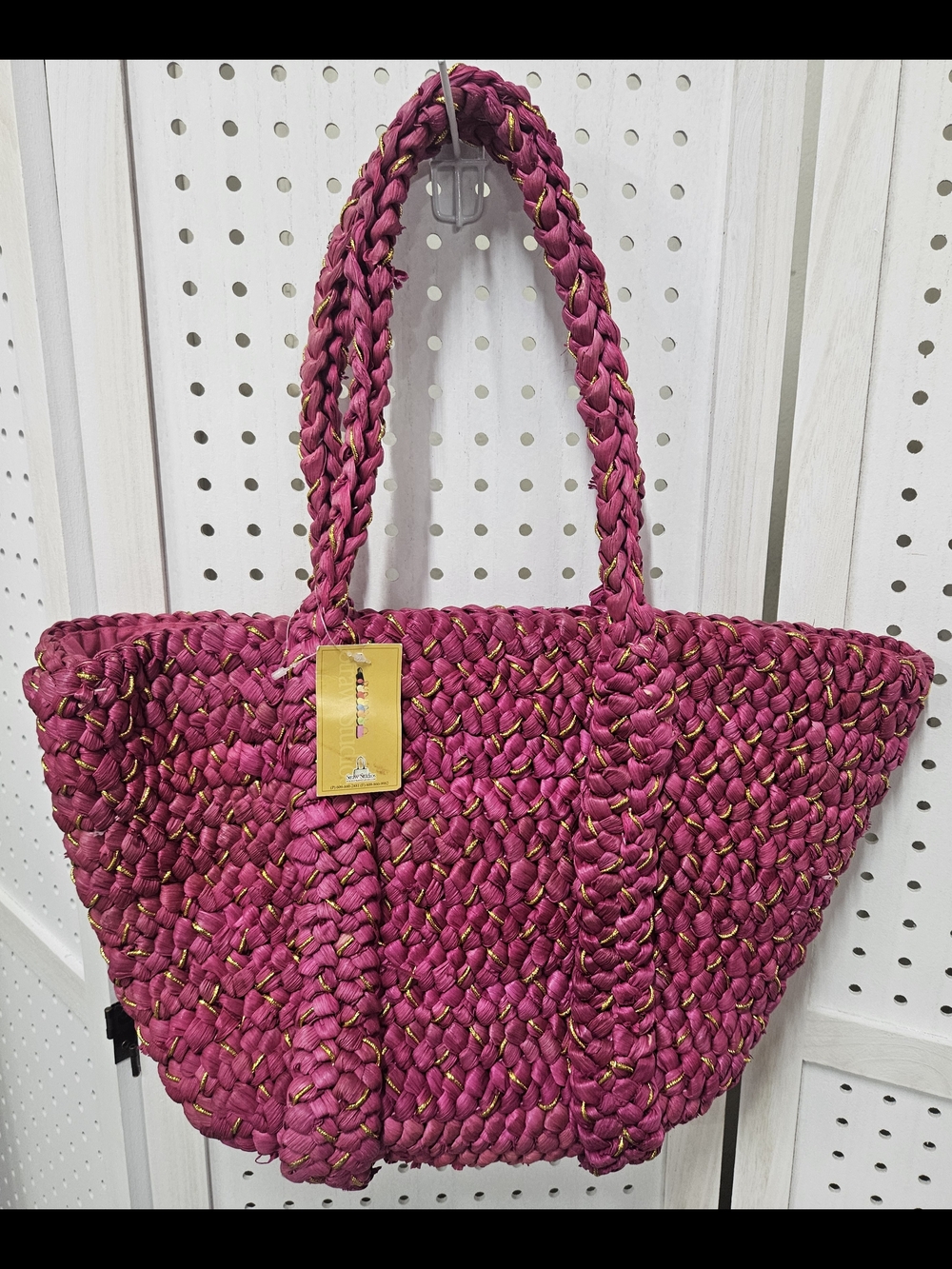 Straw Studios Fuchsia Braided Straw Tote with Gold Thread Fully Lined